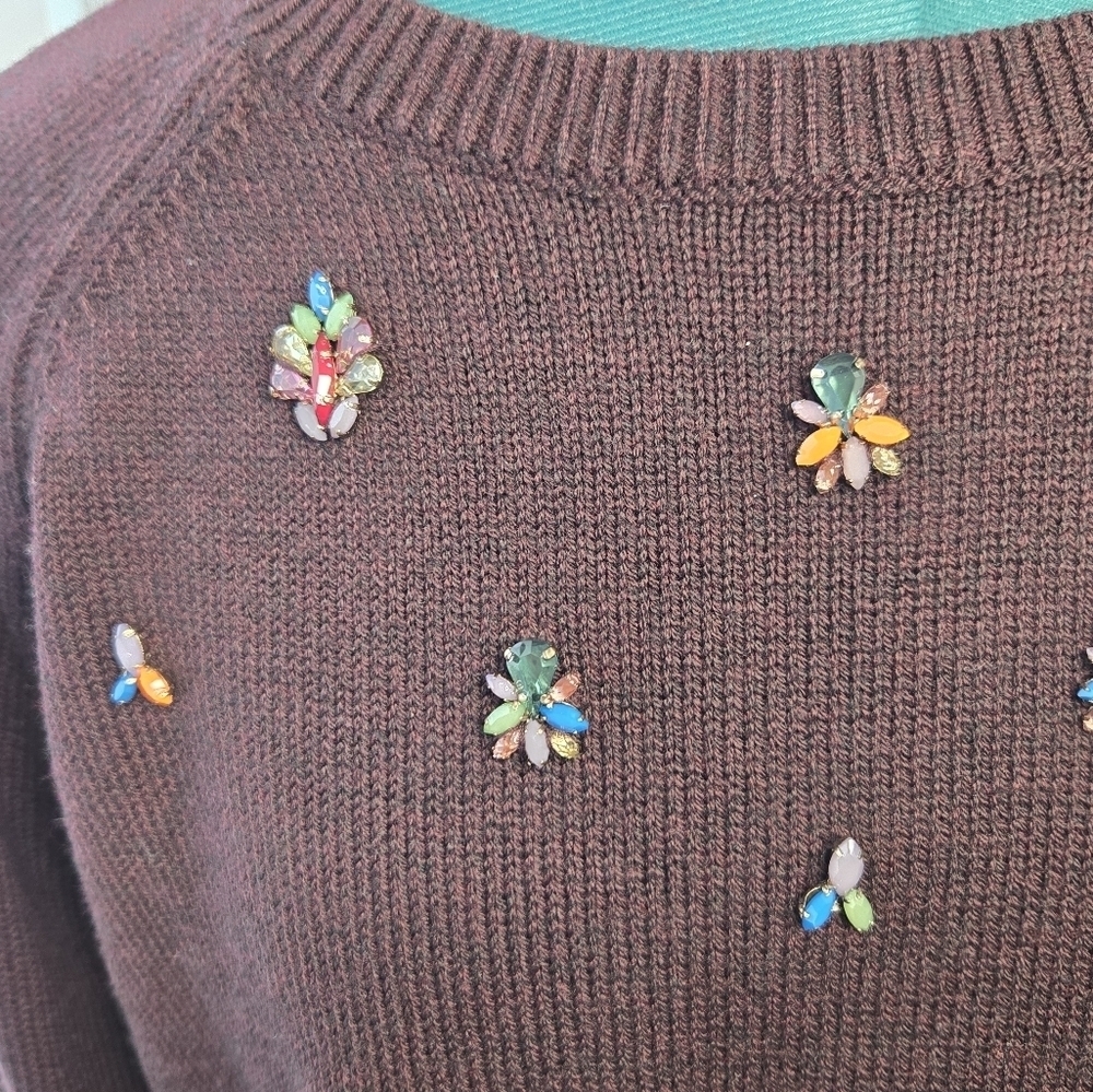 LOFT ANN TAYLOR PLUM PURPLE BEJEWELED SWEATER LONG SLEEVE WOMEN MEDIUM SPARKLE - Picture 2 of 12